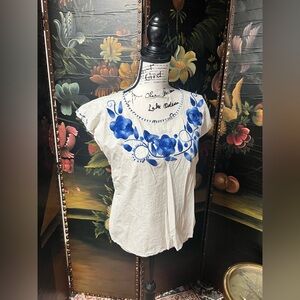 Blue Floral Embroidered Women's Top